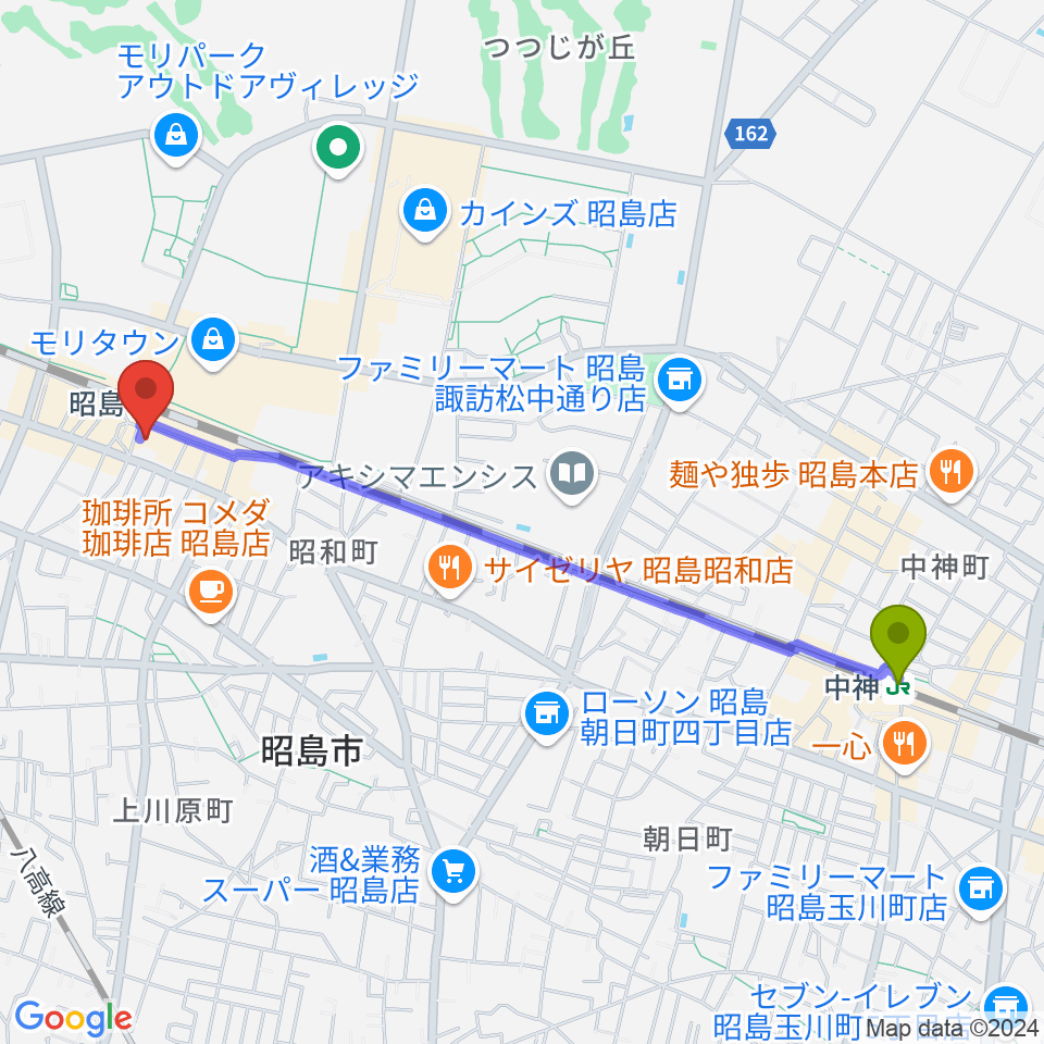 中神駅からマツダミュージックアカデミー昭島駅前教室へのルートマップ地図