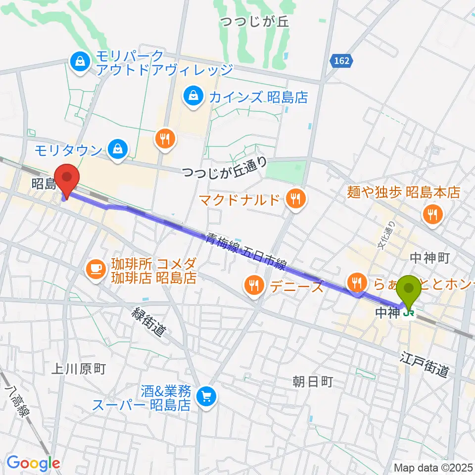 中神駅からマツダミュージックアカデミーへのルートマップ地図