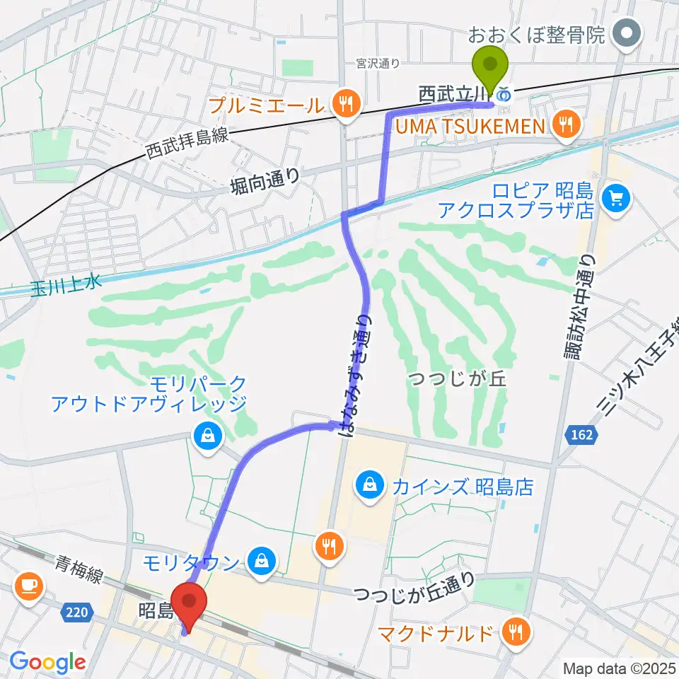 西武立川駅からマツダミュージックアカデミーへのルートマップ地図