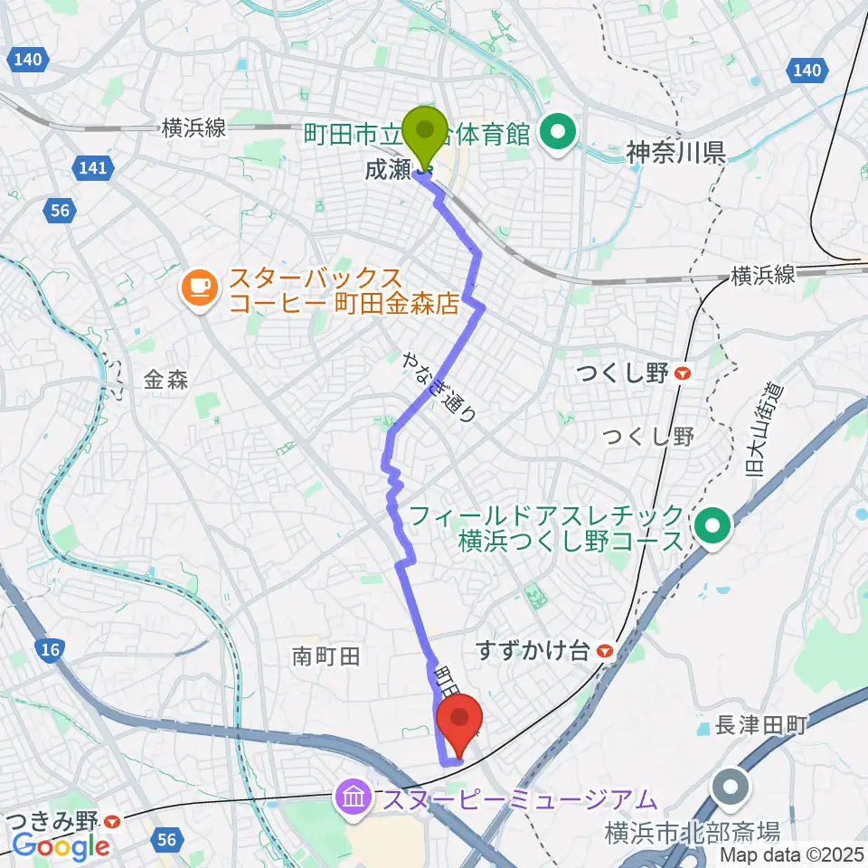 成瀬駅からエレキギター教室南町田へのルートマップ地図
