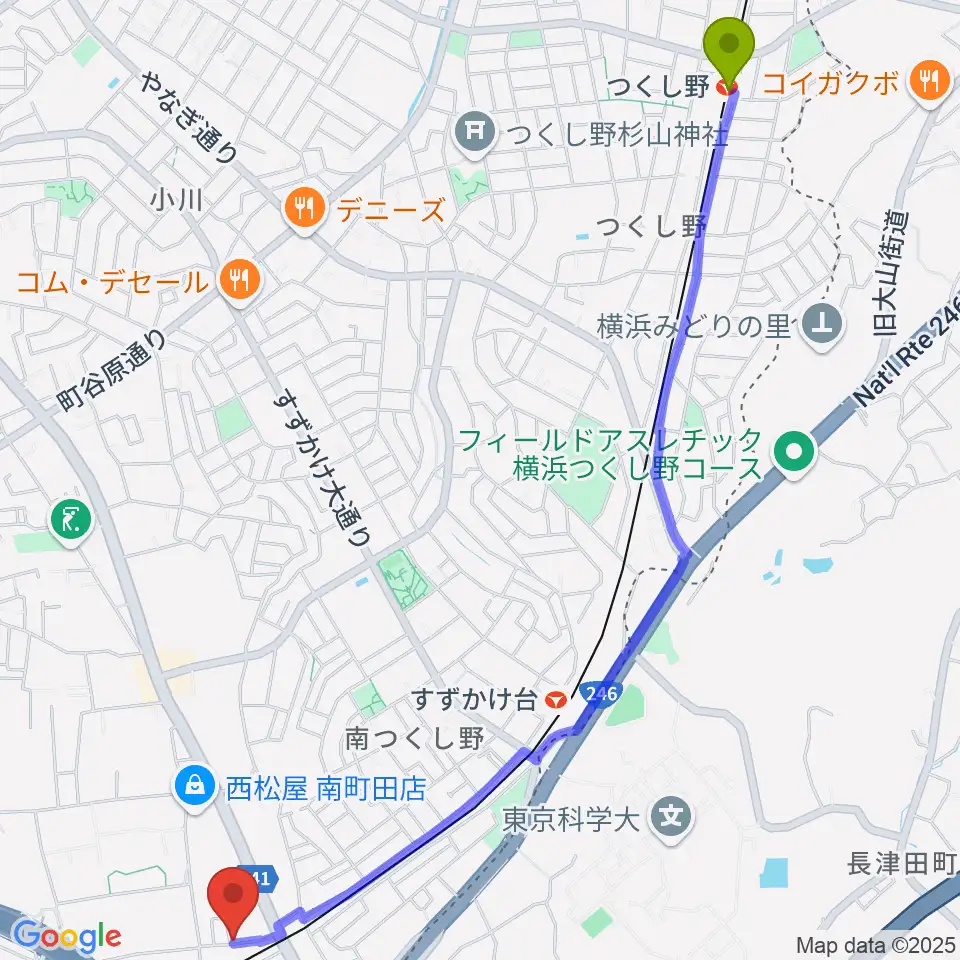 つくし野駅からエレキギター教室南町田へのルートマップ地図
