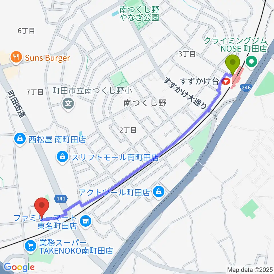 すずかけ台駅からエレキギター教室南町田へのルートマップ地図