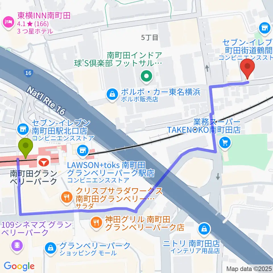 エレキギター教室南町田の最寄駅南町田グランベリーパーク駅からの徒歩ルート（約7分）地図