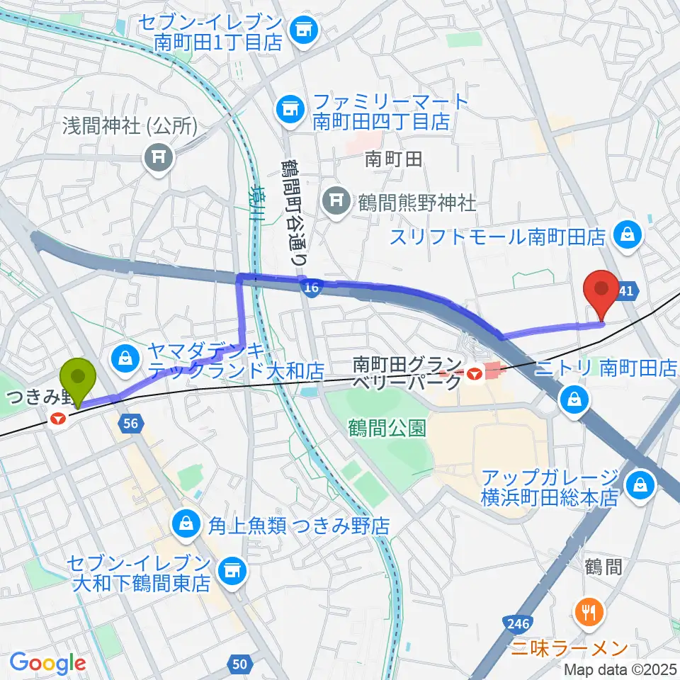 つきみ野駅からエレキギター教室南町田へのルートマップ地図