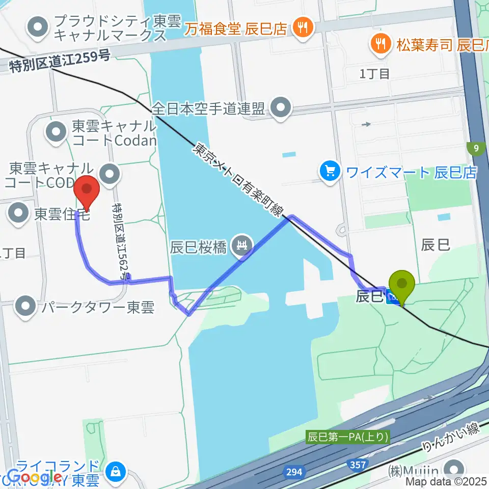 Re-music しののめ音楽教室の最寄駅辰巳駅からの徒歩ルート（約10分）地図