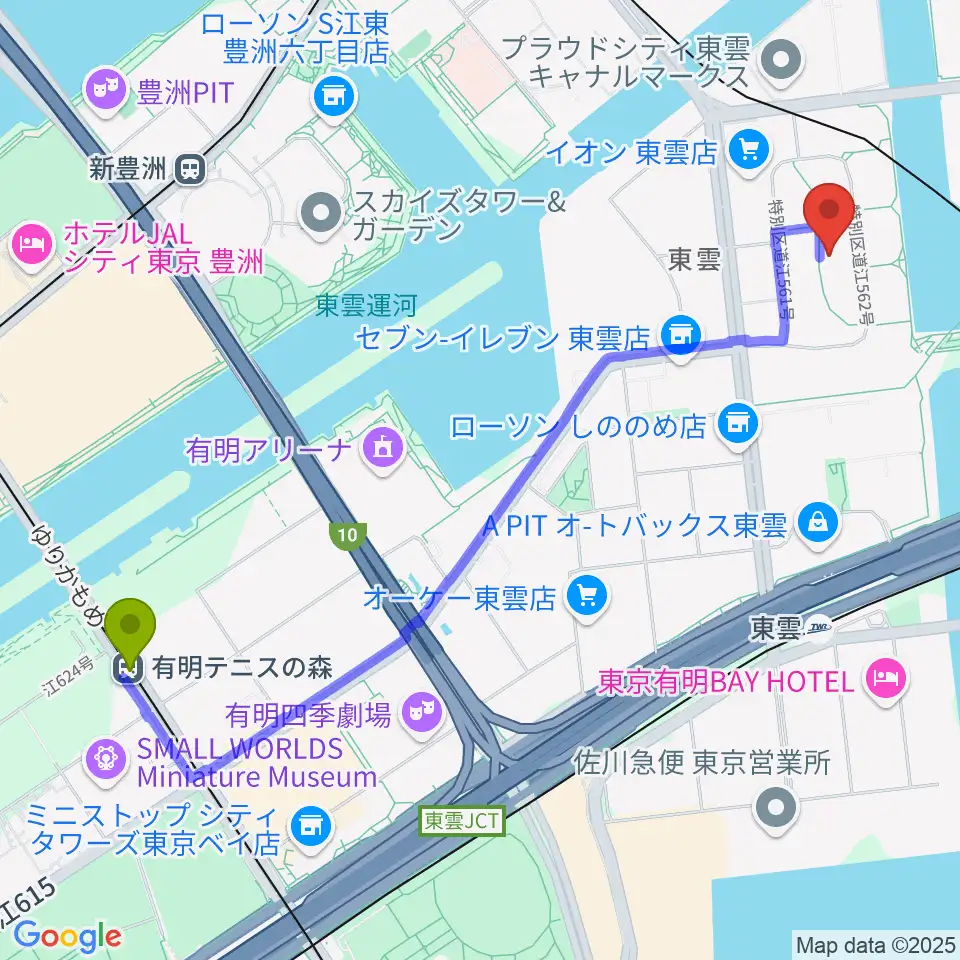 有明テニスの森駅からRe-music しののめ音楽教室へのルートマップ地図
