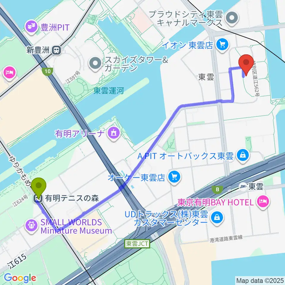 有明テニスの森駅からRe-music しののめ音楽教室へのルートマップ地図