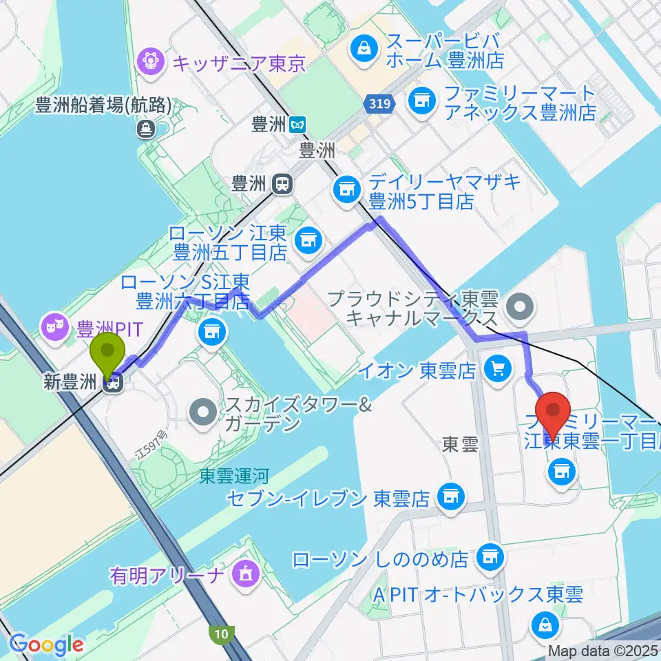 新豊洲駅からRe-music しののめ音楽教室へのルートマップ地図