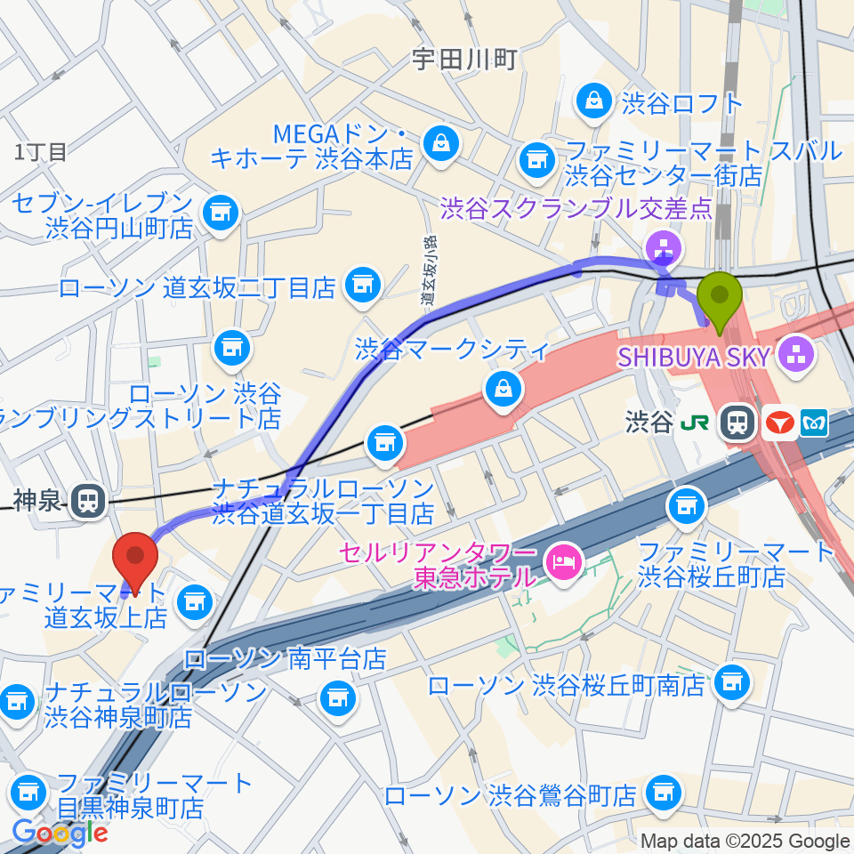 渋谷駅から富川ギター教室へのルートマップ地図