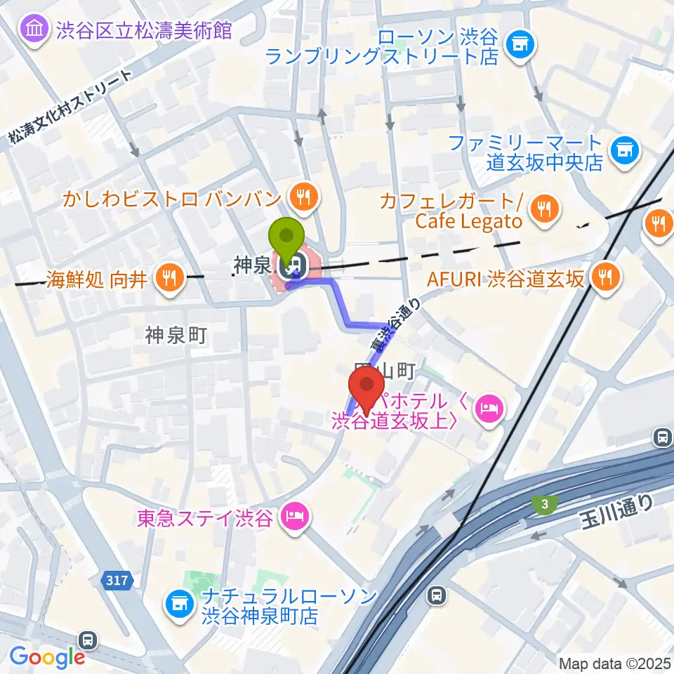 富川ギター教室の最寄駅神泉駅からの徒歩ルート（約2分）地図