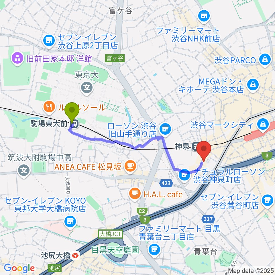 駒場東大前駅から富川ギター教室へのルートマップ地図