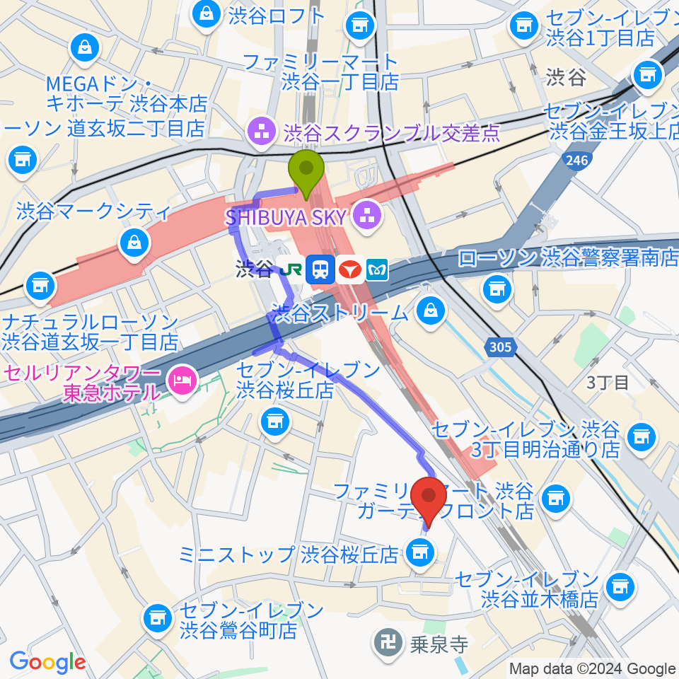 ヴァーヴミュージックスクールの最寄駅渋谷駅からの徒歩ルート（約8分）地図