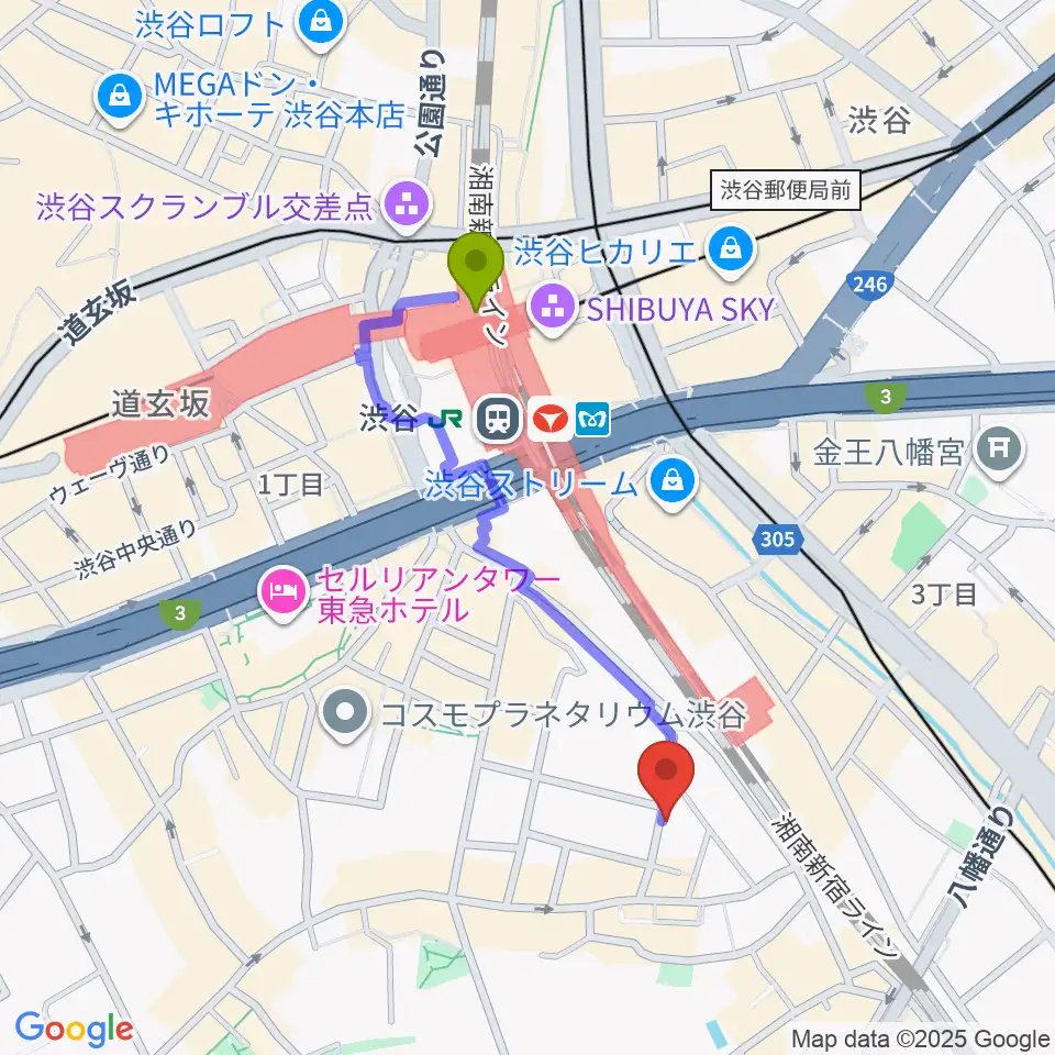 ヴァーヴミュージックスクールの最寄駅渋谷駅からの徒歩ルート（約8分）地図