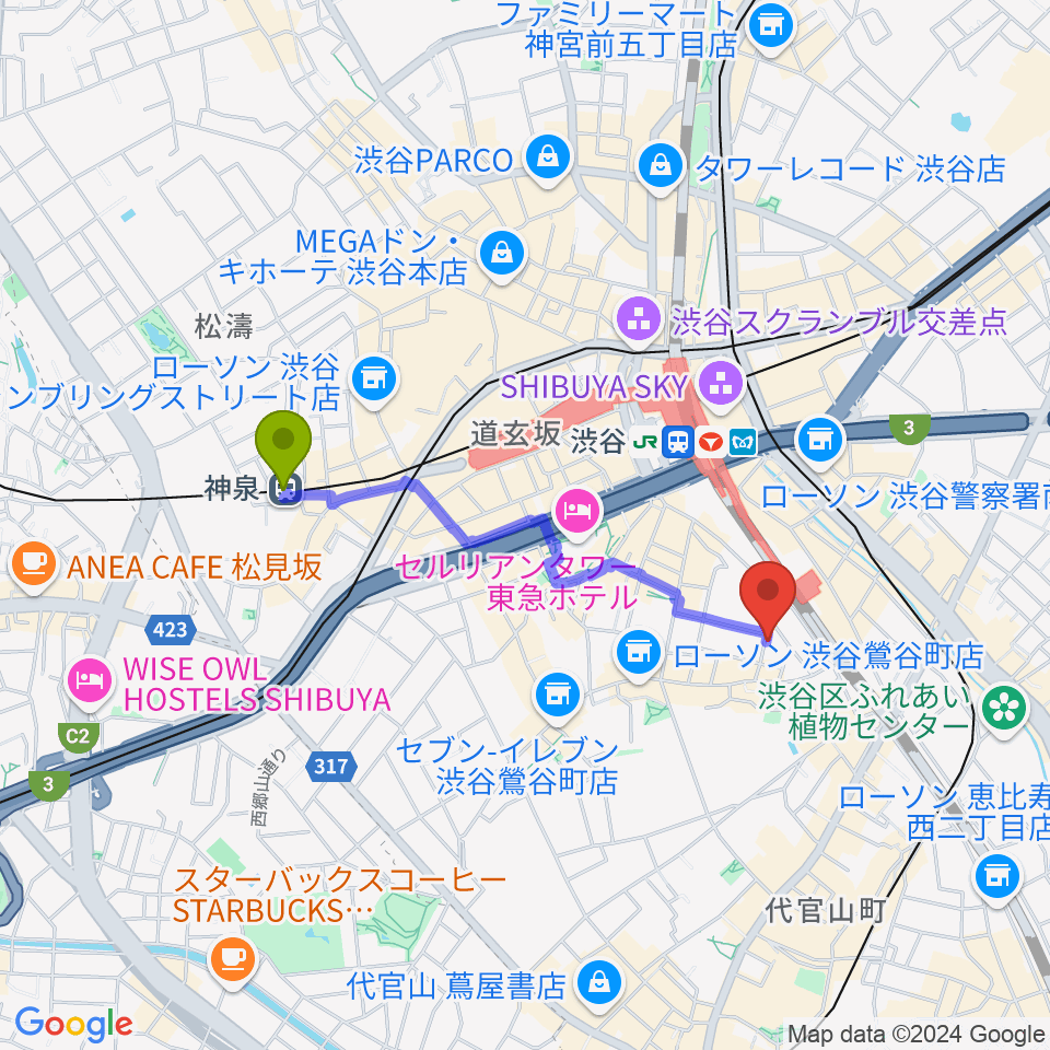 神泉駅からヴァーヴミュージックスクールへのルートマップ地図