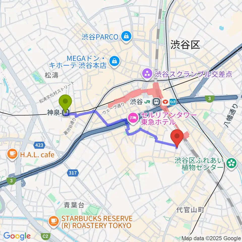 神泉駅からヴァーヴミュージックスクールへのルートマップ地図