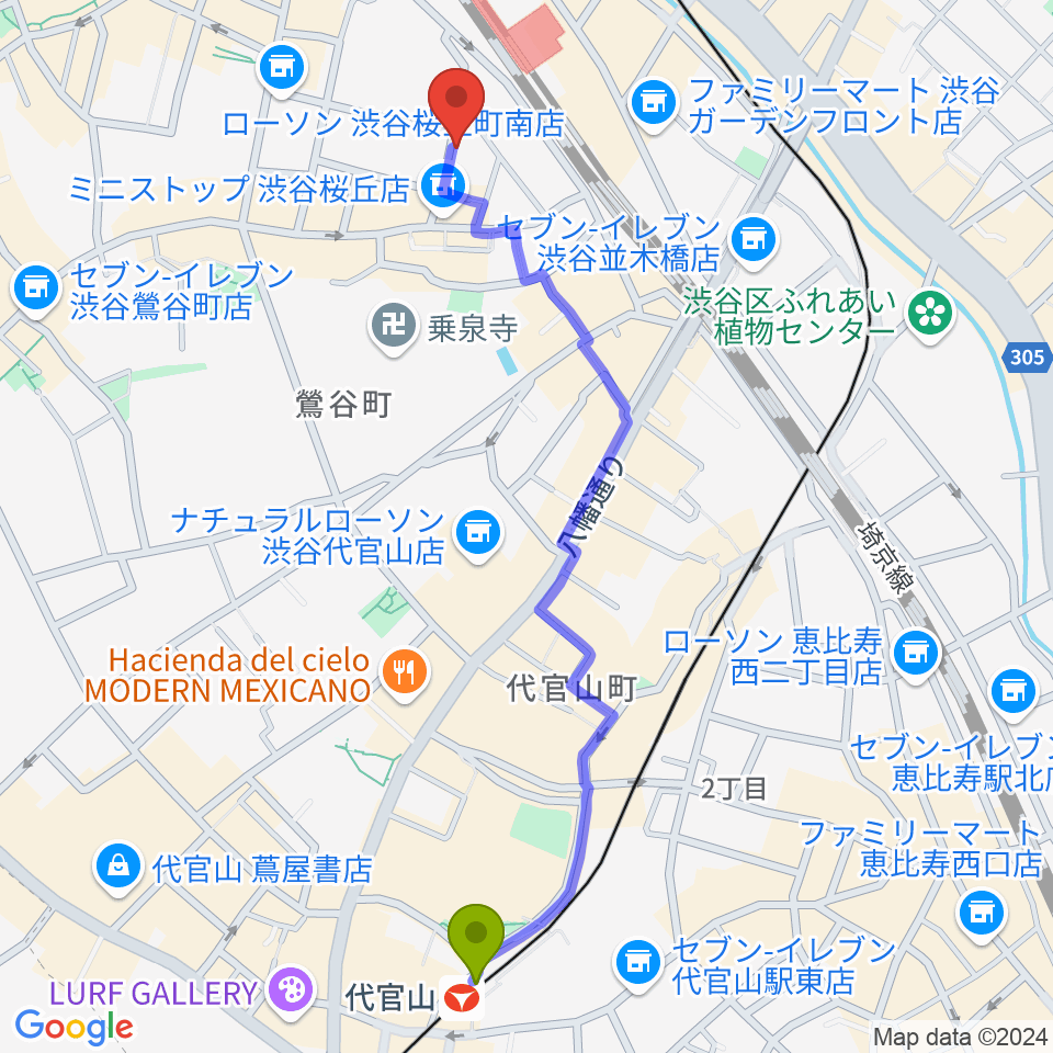 代官山駅からヴァーヴミュージックスクールへのルートマップ地図