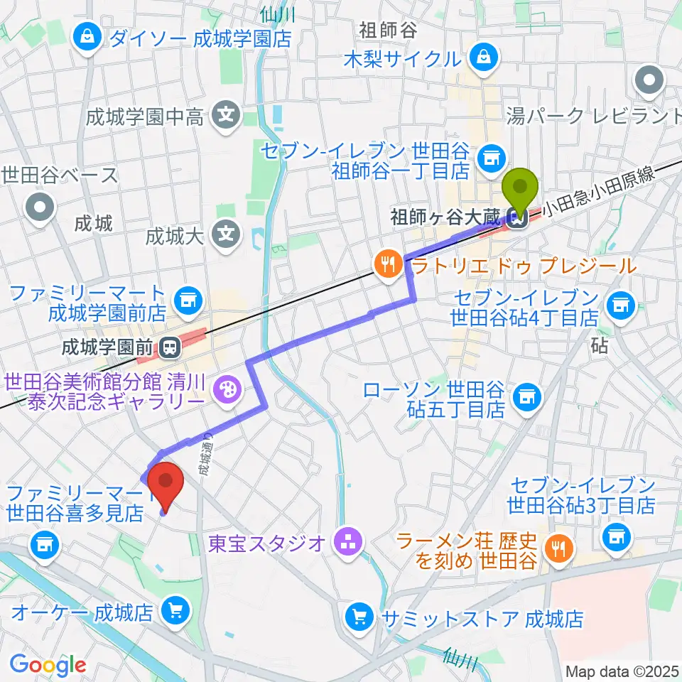 祖師ヶ谷大蔵駅からピア・ちゃピアノ教室へのルートマップ地図