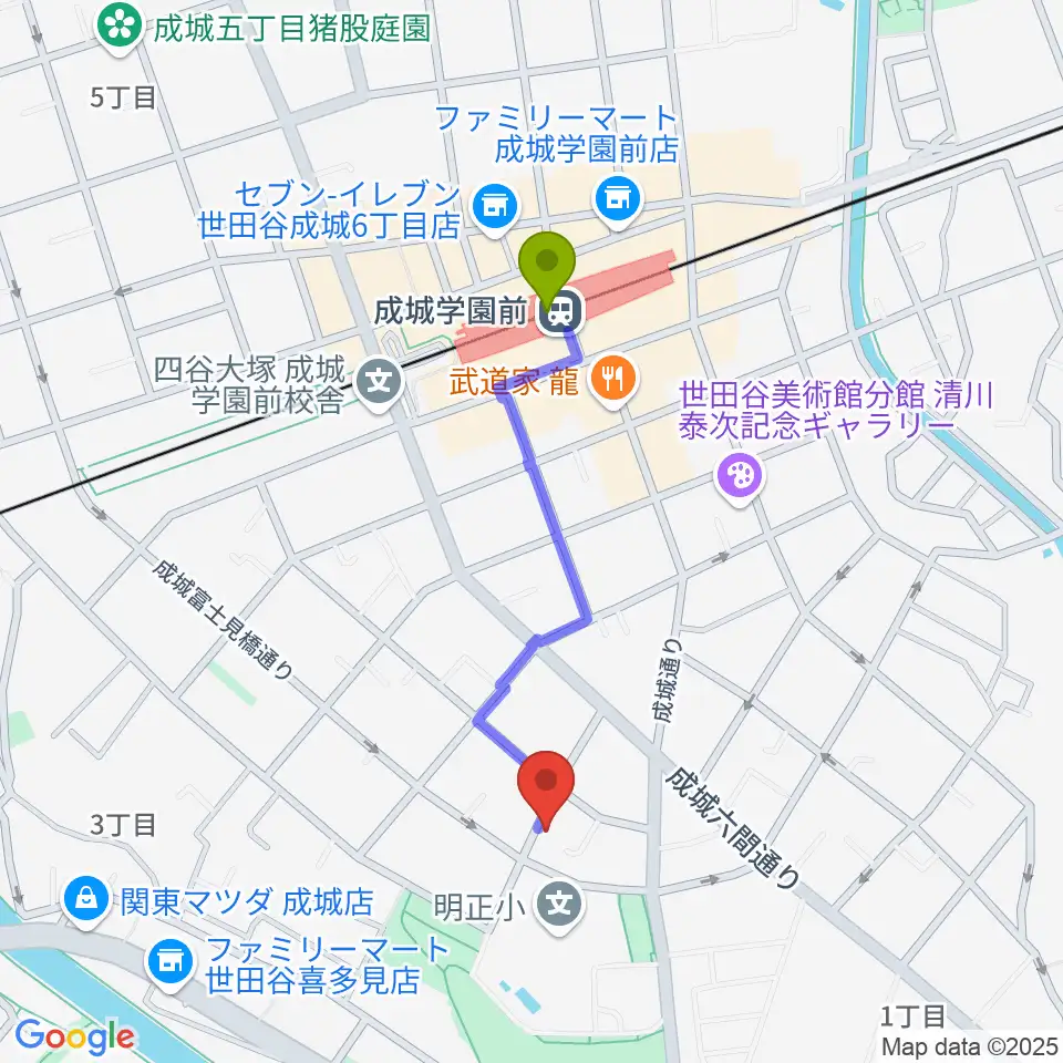 ピア・ちゃピアノ教室の最寄駅成城学園前駅からの徒歩ルート（約8分）地図