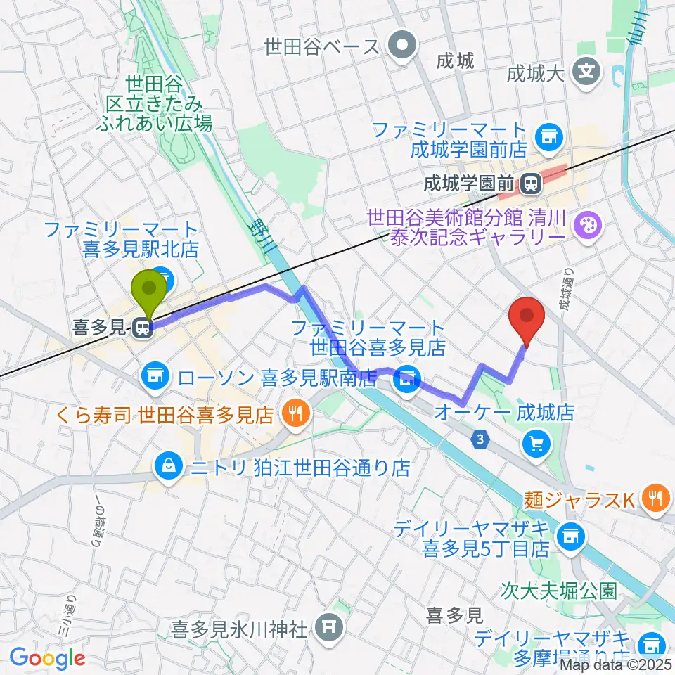 喜多見駅からピア・ちゃピアノ教室へのルートマップ地図