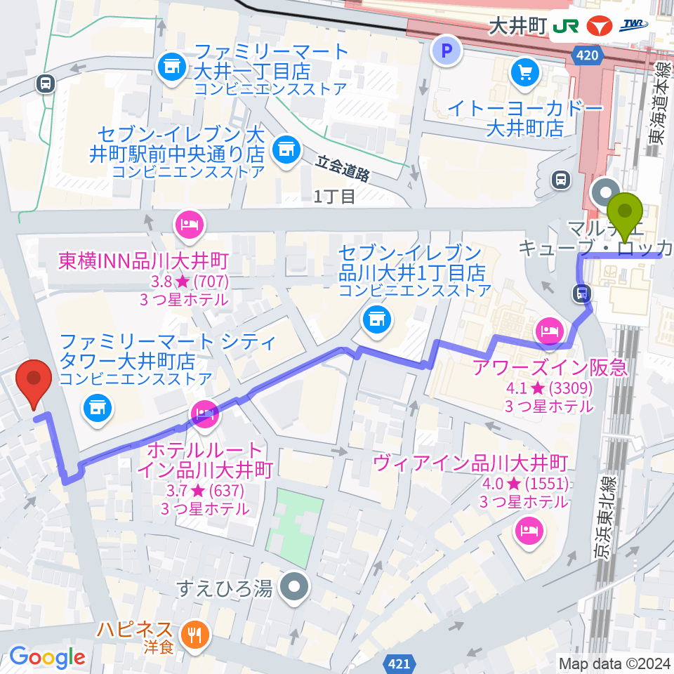 ソノリテミュージックの最寄駅大井町駅からの徒歩ルート（約7分）地図