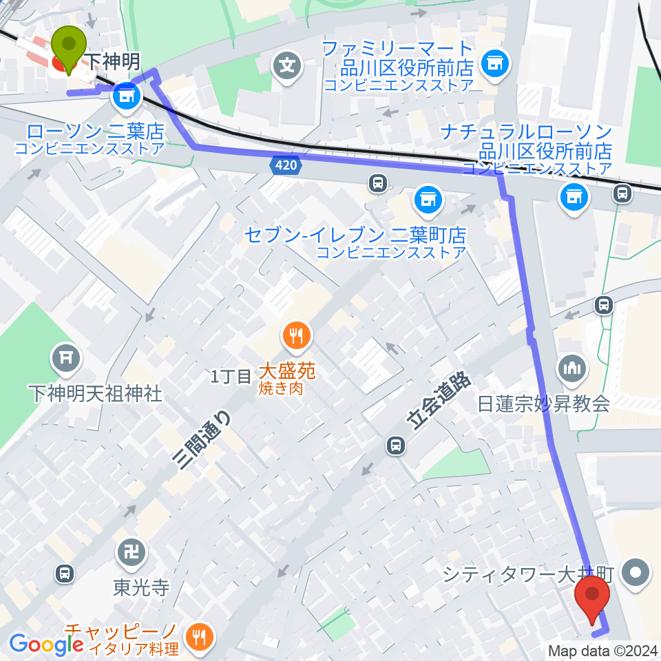 下神明駅からソノリテミュージックへのルートマップ地図