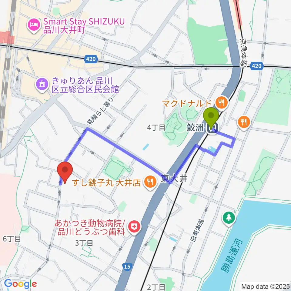 鮫洲駅から天華二胡学院へのルートマップ地図