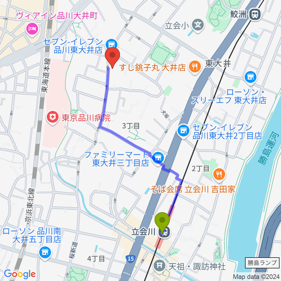 立会川駅から天華二胡学院へのルートマップ地図