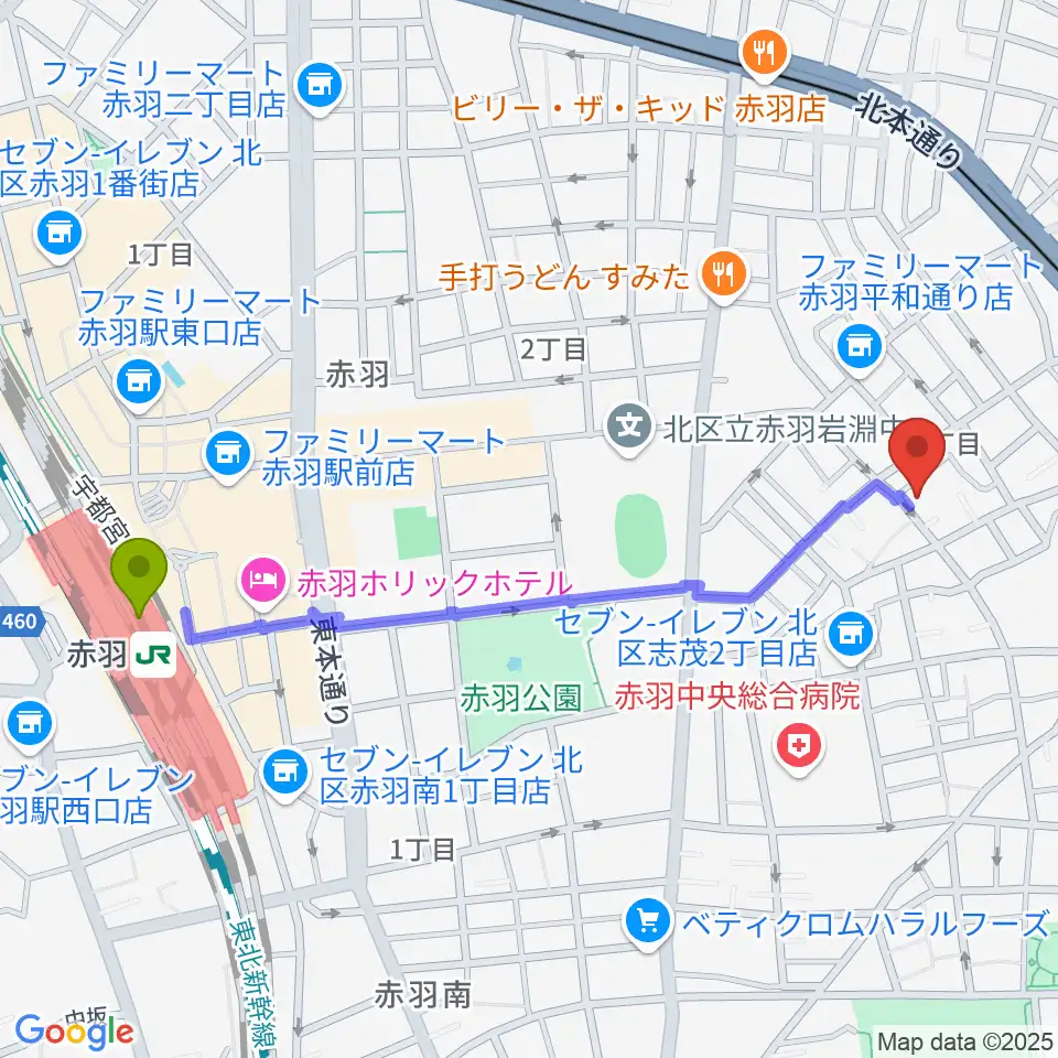 赤羽駅からドルチェ音楽学園へのルートマップ地図