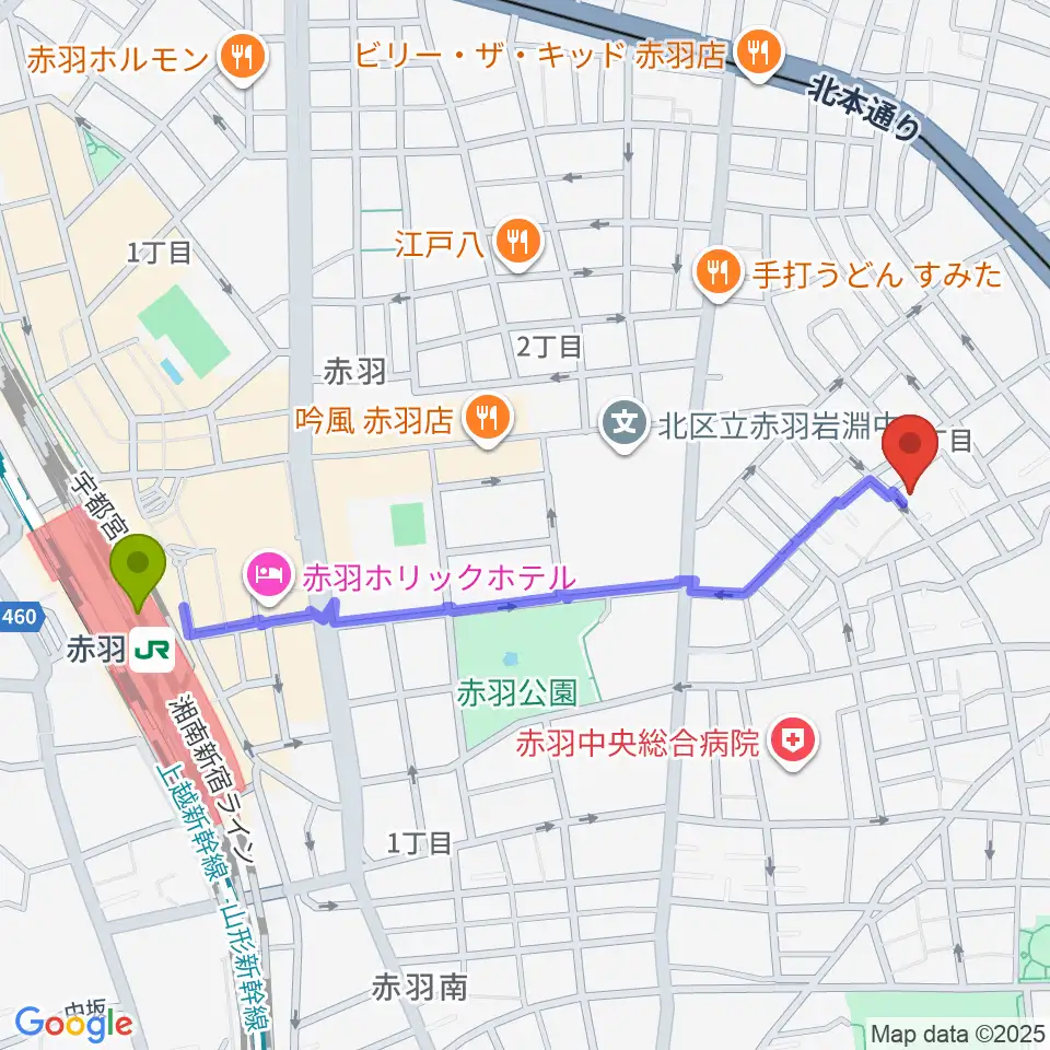 赤羽駅からドルチェ音楽学園へのルートマップ地図