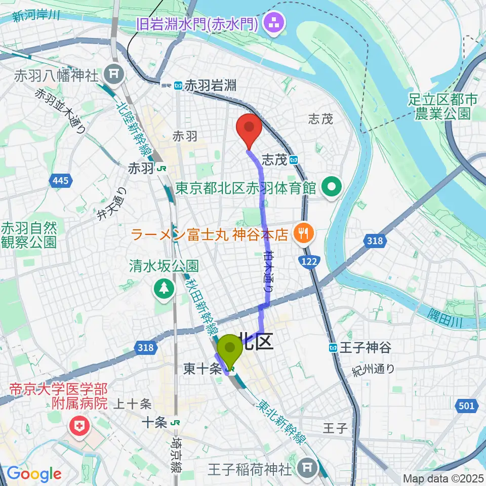 東十条駅からドルチェ音楽学園へのルートマップ地図