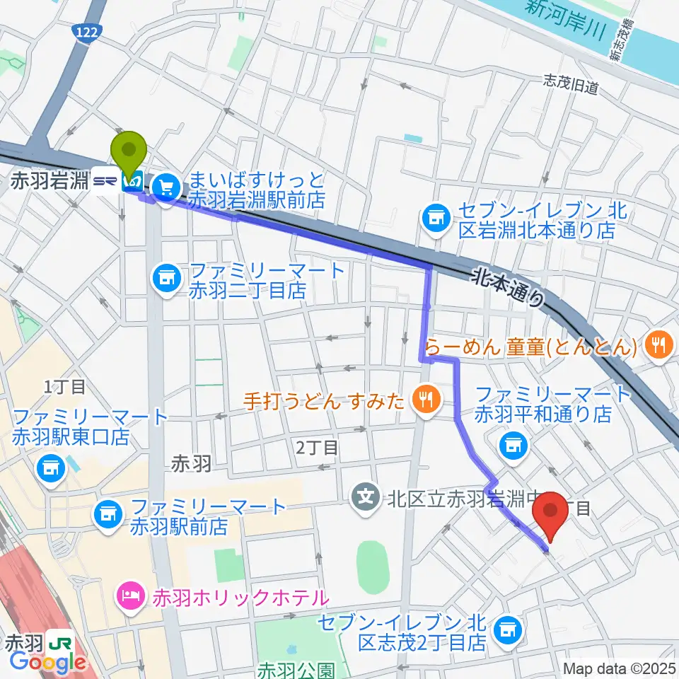 赤羽岩淵駅からドルチェ音楽学園へのルートマップ地図