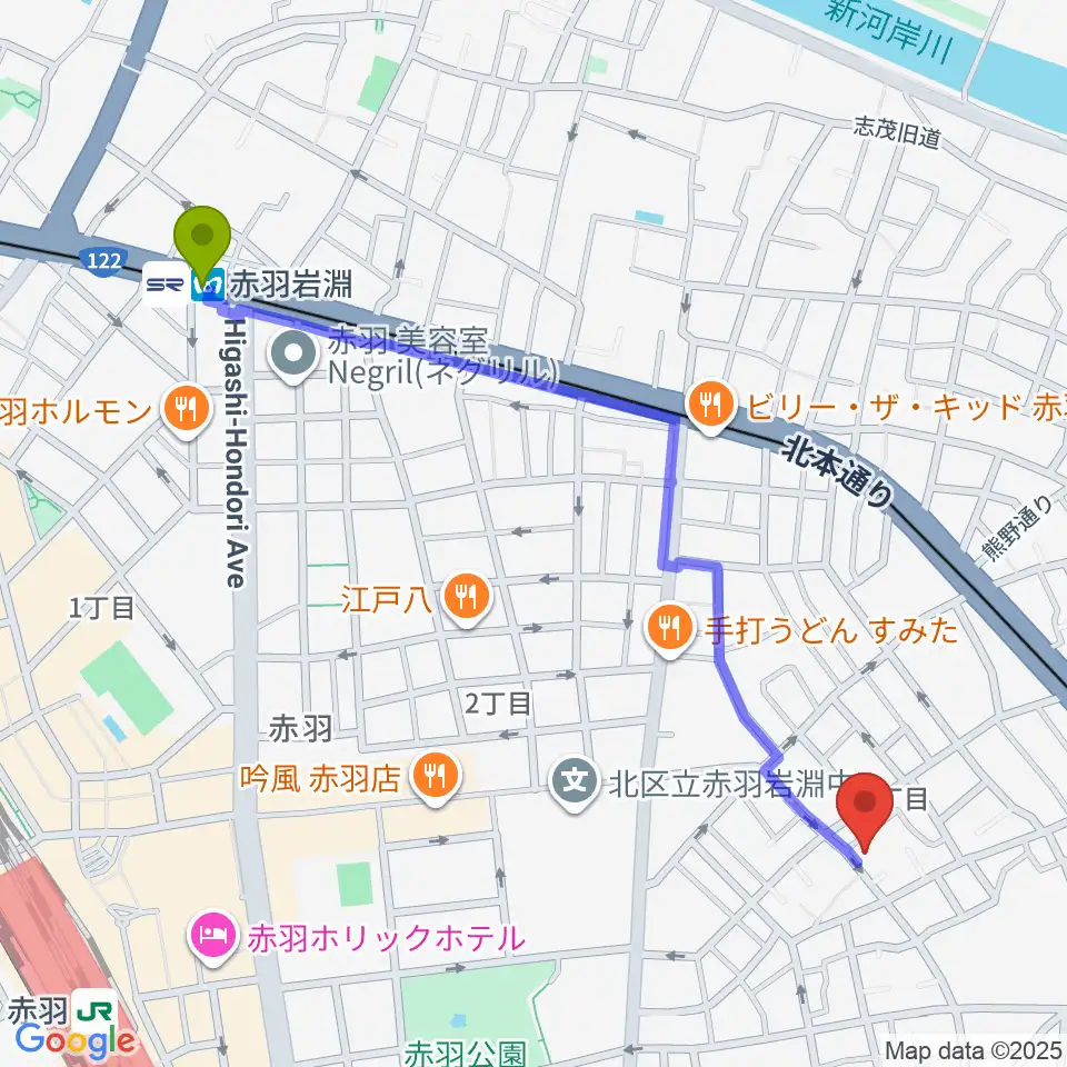 赤羽岩淵駅からドルチェ音楽学園へのルートマップ地図