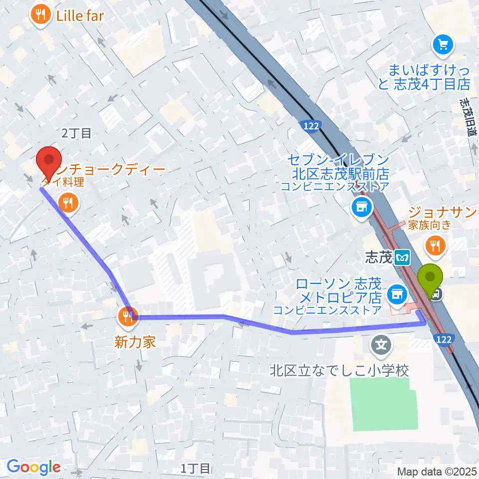 ドルチェ音楽学園の最寄駅志茂駅からの徒歩ルート（約6分）地図