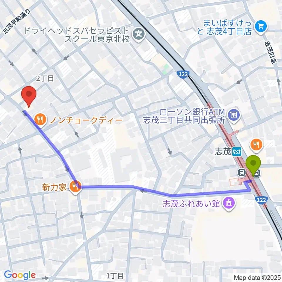 ドルチェ音楽学園の最寄駅志茂駅からの徒歩ルート（約6分）地図