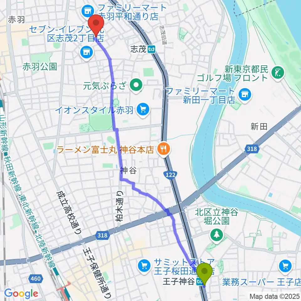 王子神谷駅からドルチェ音楽学園へのルートマップ地図