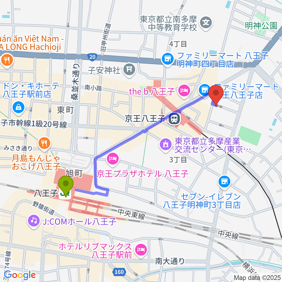 八王子駅から八王子音楽院本部へのルートマップ地図