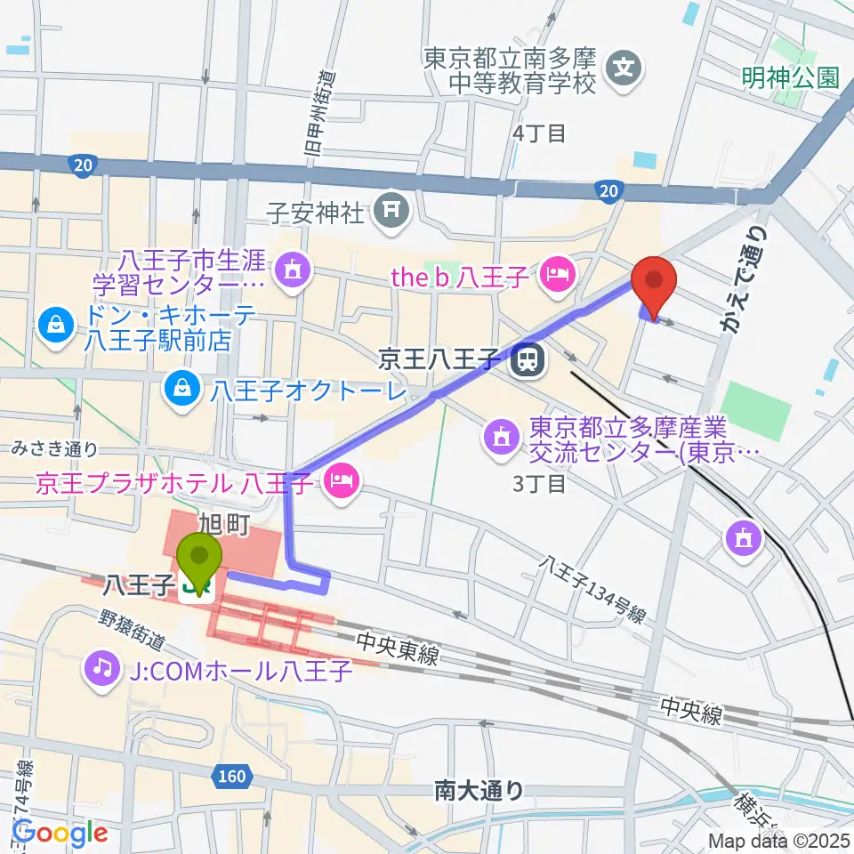 八王子駅から八王子音楽院本部へのルートマップ地図