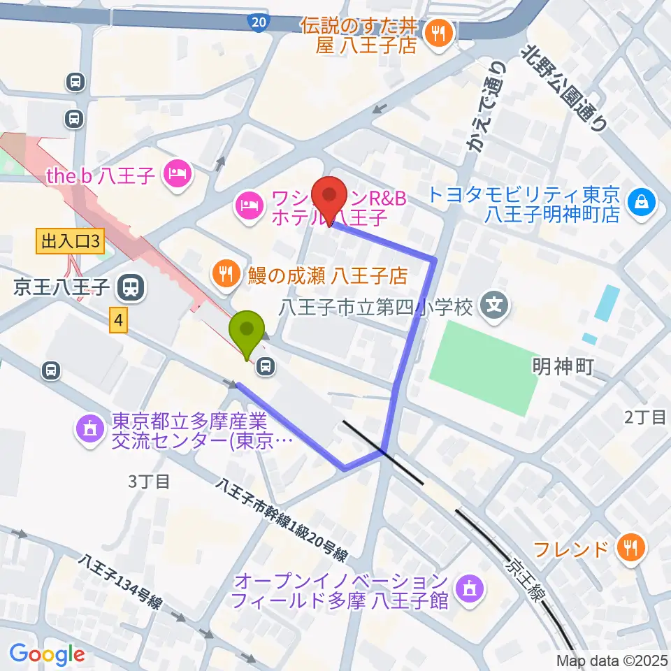 八王子音楽院本部の最寄駅京王八王子駅からの徒歩ルート（約2分）地図
