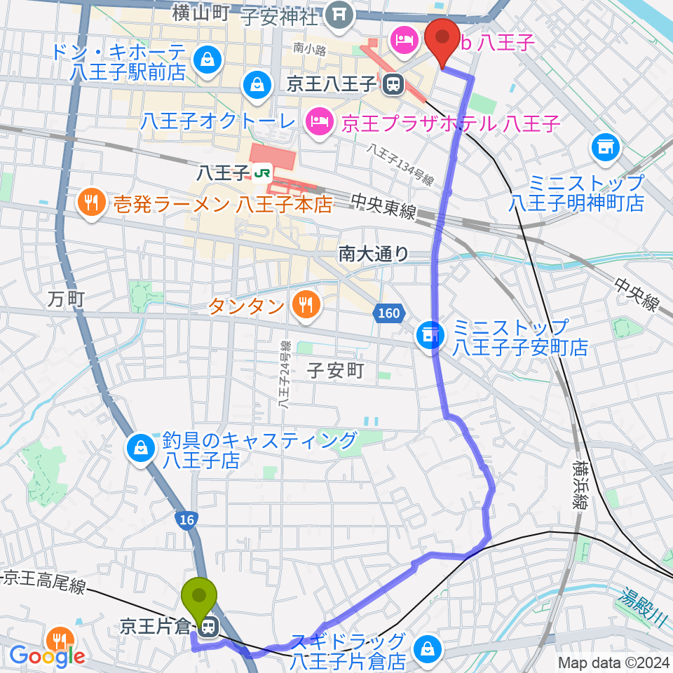 京王片倉駅から八王子音楽院本部へのルートマップ地図