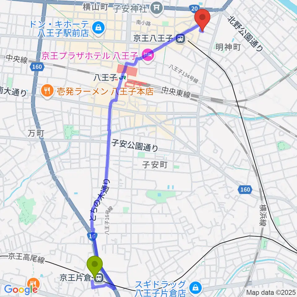京王片倉駅から八王子音楽院本部へのルートマップ地図