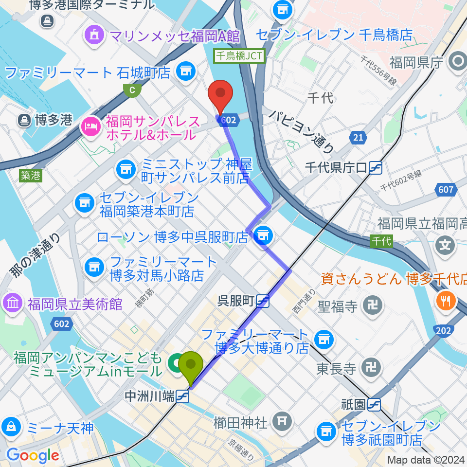 中洲川端駅から福岡スクールオブミュージック＆ダンス専門学校へのルートマップ地図