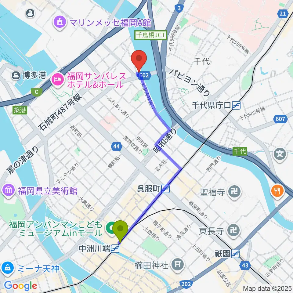 中洲川端駅から福岡スクールオブミュージック＆ダンス専門学校へのルートマップ地図