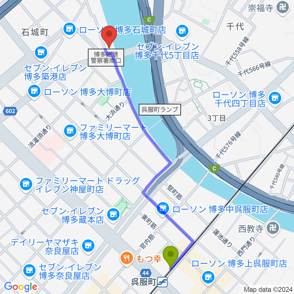 呉服町駅から福岡スクールオブミュージック＆ダンス専門学校へのルートマップ地図