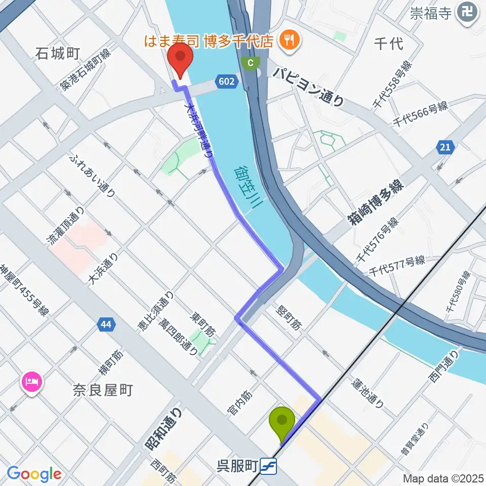 呉服町駅から福岡スクールオブミュージック＆ダンス専門学校へのルートマップ地図