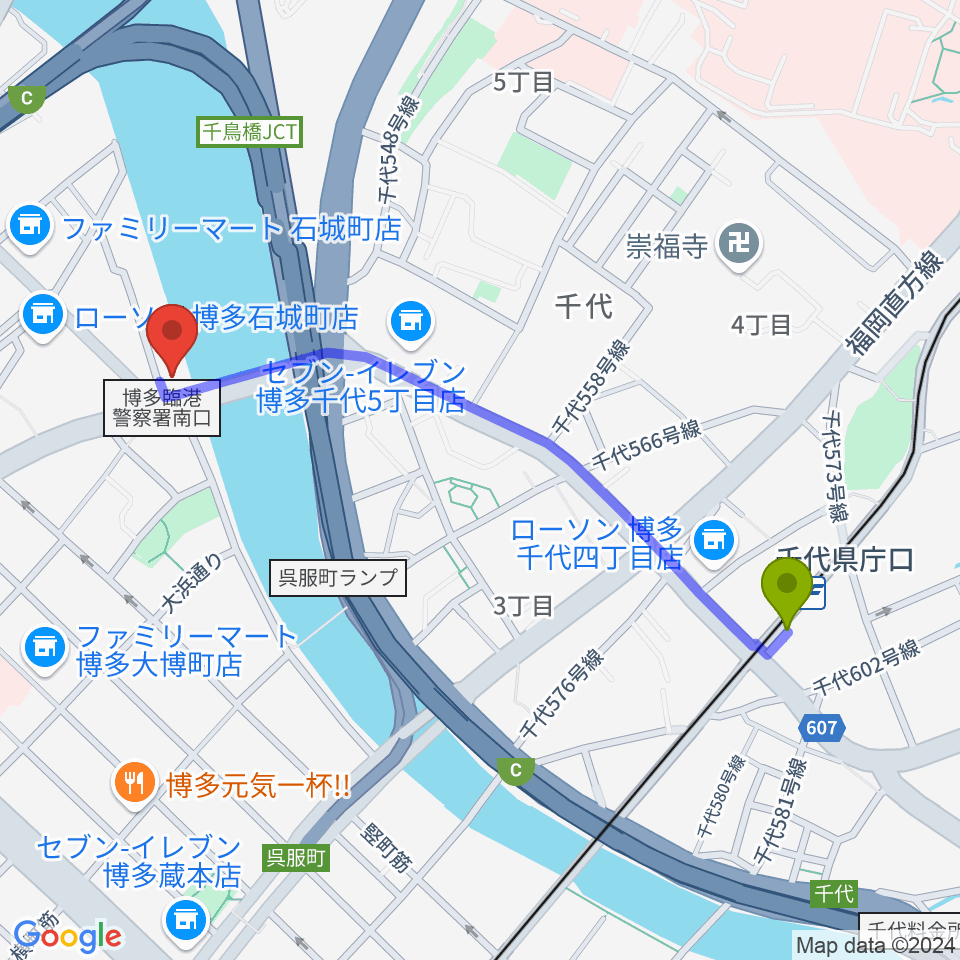 福岡スクールオブミュージック＆ダンス専門学校の最寄駅千代県庁口駅からの徒歩ルート（約11分）地図