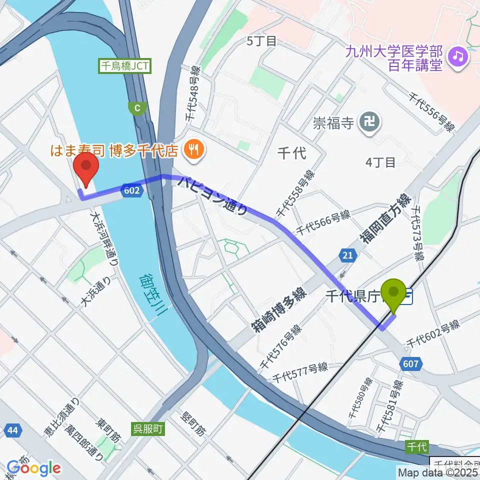 福岡スクールオブミュージック＆ダンス専門学校の最寄駅千代県庁口駅からの徒歩ルート（約11分）地図