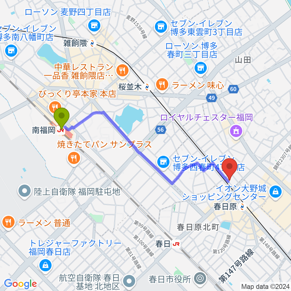 南福岡駅からjmc音楽教室へのルートマップ地図