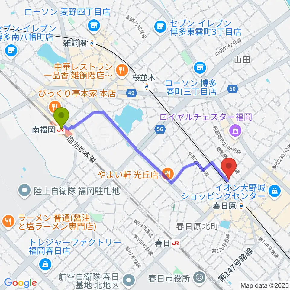 南福岡駅からjmc音楽教室へのルートマップ地図