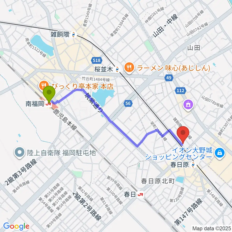南福岡駅からjmc音楽教室へのルートマップ地図