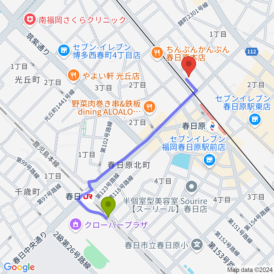 春日駅からjmc音楽教室へのルートマップ地図